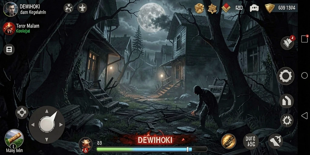 Screenshot DEWIHOKI menunjukkan pemain berlari dari makhluk mengerikan.