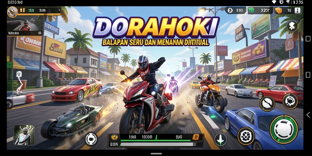 Tangkapan layar menunjukkan aksi balapan seru dalam DORAHOKI.