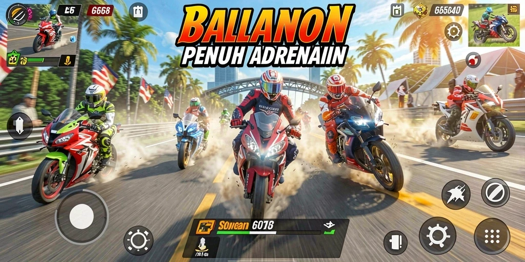 Screenshot gameplay G668 yang menunjukkan balapan motor yang mendebarkan.