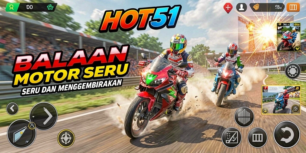Gameplay seru HOT51 dengan balapan motor yang kompetitif.