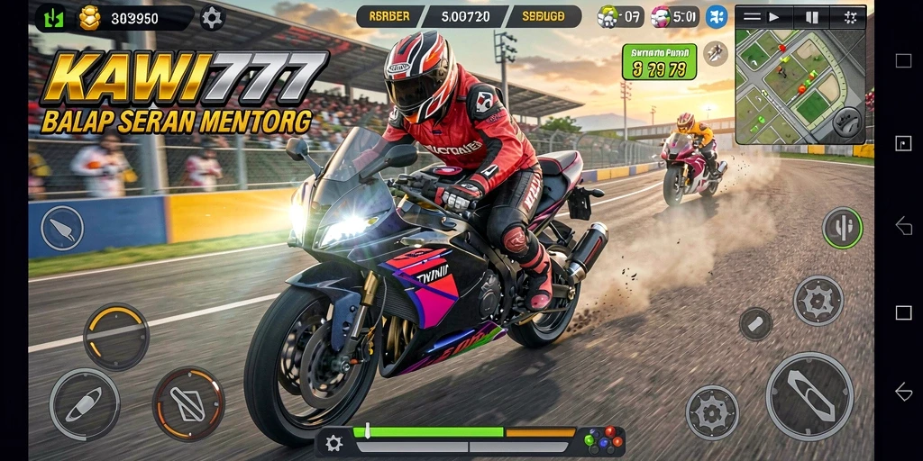 Tampilan gameplay menegangkan dengan balap motor di lintasan yang beragam.